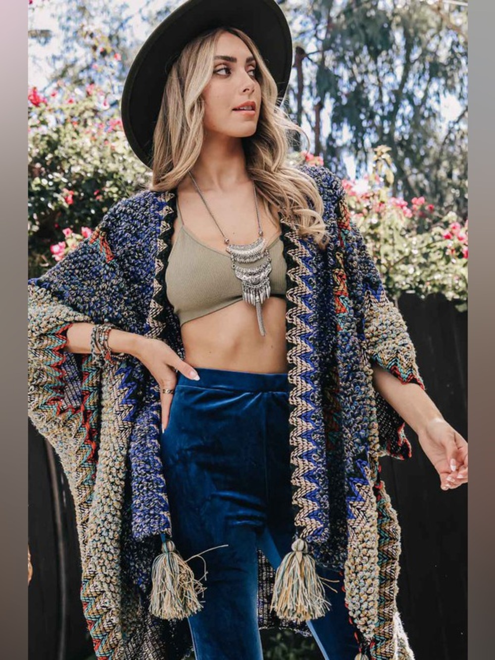 126. Boho Knit Poncho Sweater - Burgundy Multi